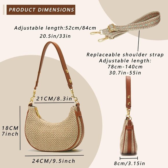 Woven Straw Crossbody Purse Summer Handbag with Removable Straps Women - Picture 3 of 6
